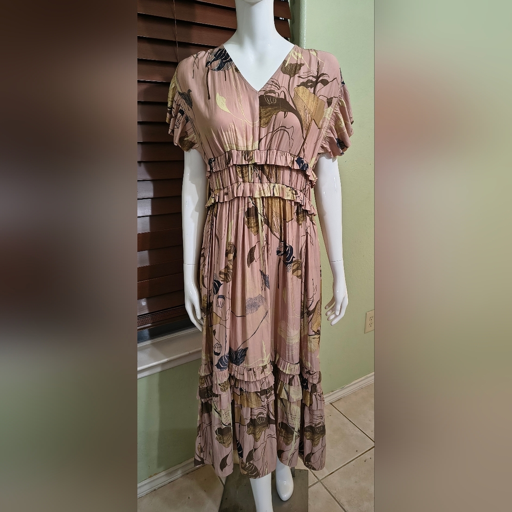 Pink Floral Ruffle Midi Dress with Tiered Skirt